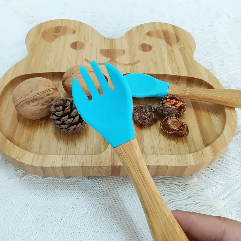 Детская бамбуковая миска силиконовая ложка в комплекте мультяшная разделенная