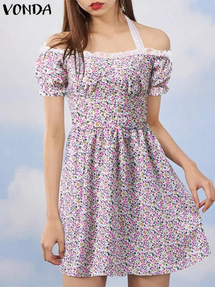 

VONDA Bohemian Spring Party Robe High Waist Pleated A-line Mini Sundress Women Short Sleeve Holiday Floral Printed Halter Dress