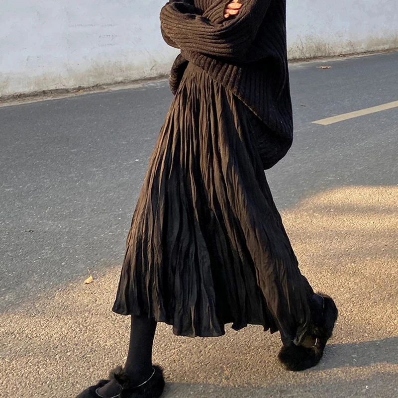 

Autumn Winter Wrinkled Black Pleated Skirt Women Korean Style Casual High Waisted A-Line Long Skirts Midi falda plisada