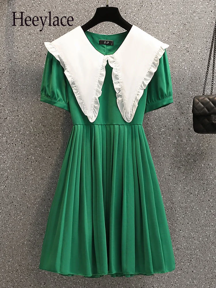 

Women Summer Midi Dresses Korean Casual Peter Pan Collar Sweet High Waist A-line Pleated Dresses For Women Short Sleeve Vestidos