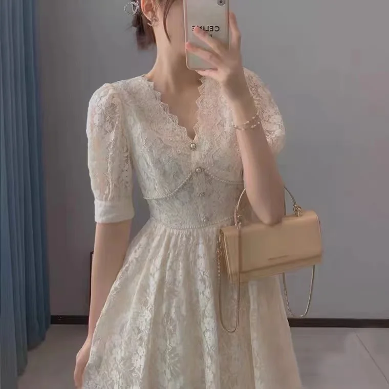 

COIGARSAM Women's Summer Dress Lace High Waist V-Neck Dresses Dropshipping