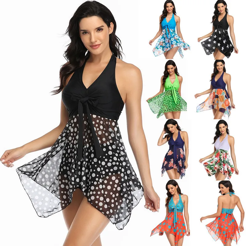 

Jucleo Plus Size Halter Print Two Piece Swimsuit Women Swimwear 2022 New Girl Beach Bathing Suit Thong Bikini Bandeau Skirt