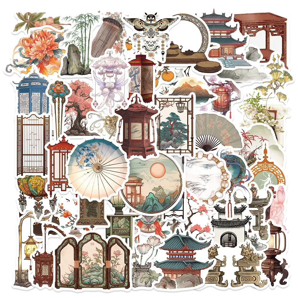 

50Pcs Chinese Style Lantern Elegant Bamboo Screen Stickers Notebook Diary Material Phone Case Suitcase Decoration Classic Toys