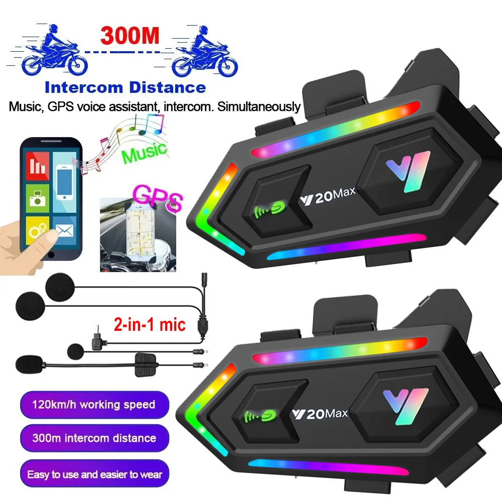 Фото Мотоциклетная Bluetooth-гарнитура Y20 MAX с интеркомом, Bluetooth V5.3, водонепроницаемость IPX6, RGB-подсветка, аккумулятор 1000 мАч №3