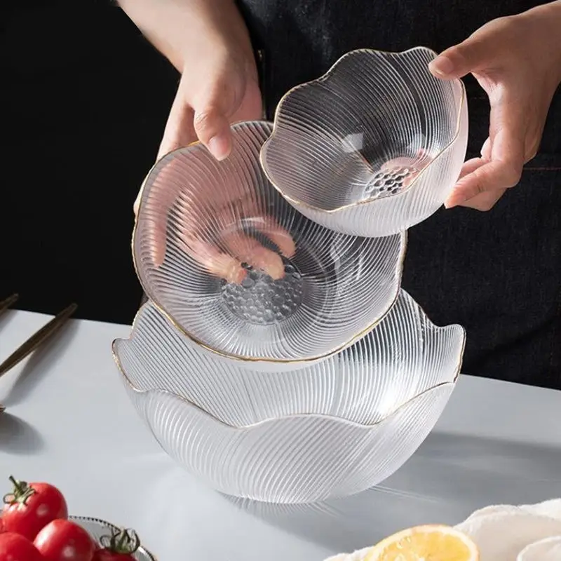 

3PCS Stripe Glass Salad Bowl S M Large Multicolor Vegetable Fruit Salad Dessert Plate Set Transparent Fruit Dessert Storag