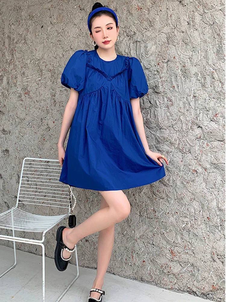 

Short Puff Sleeves Dress For Women 2022 Summer Round Neck Blue Color Hollow Out Heart Shape Cute Dresses Female G590