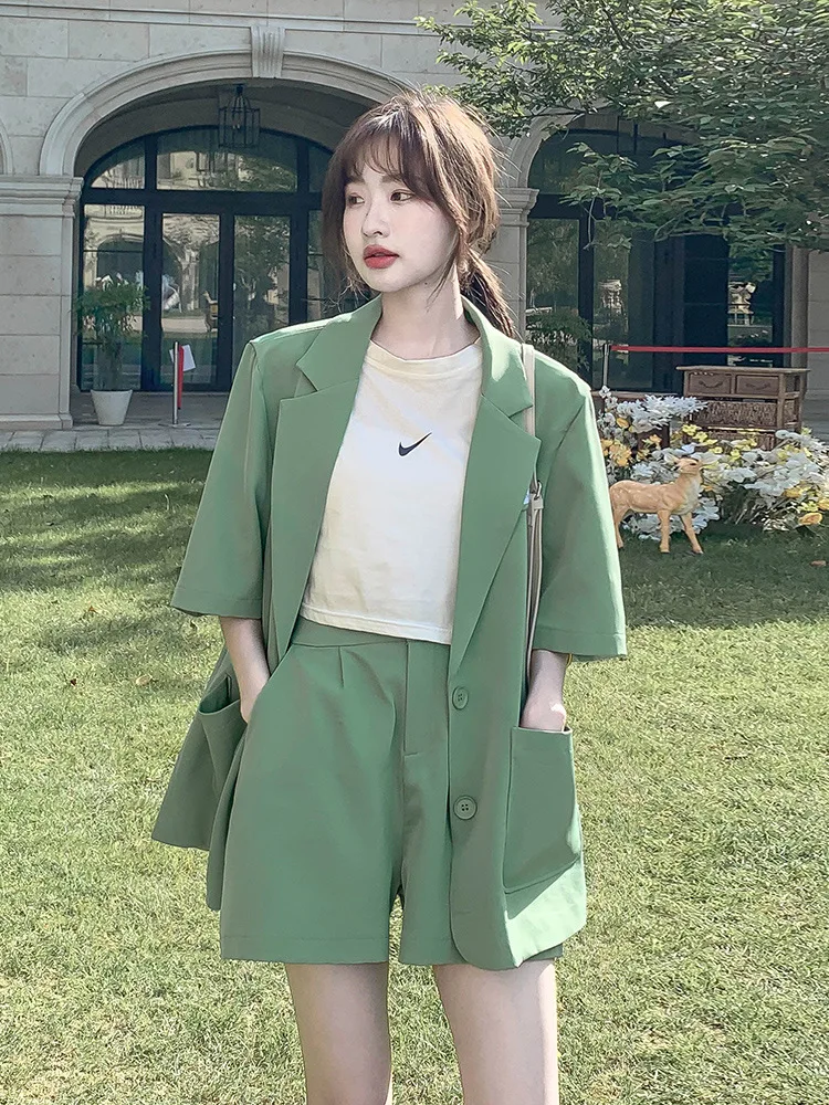 

Женский костюм-двойка с шортами, повседневный зеленый костюм с топом с коротким рукавом и шортами, лето 2022