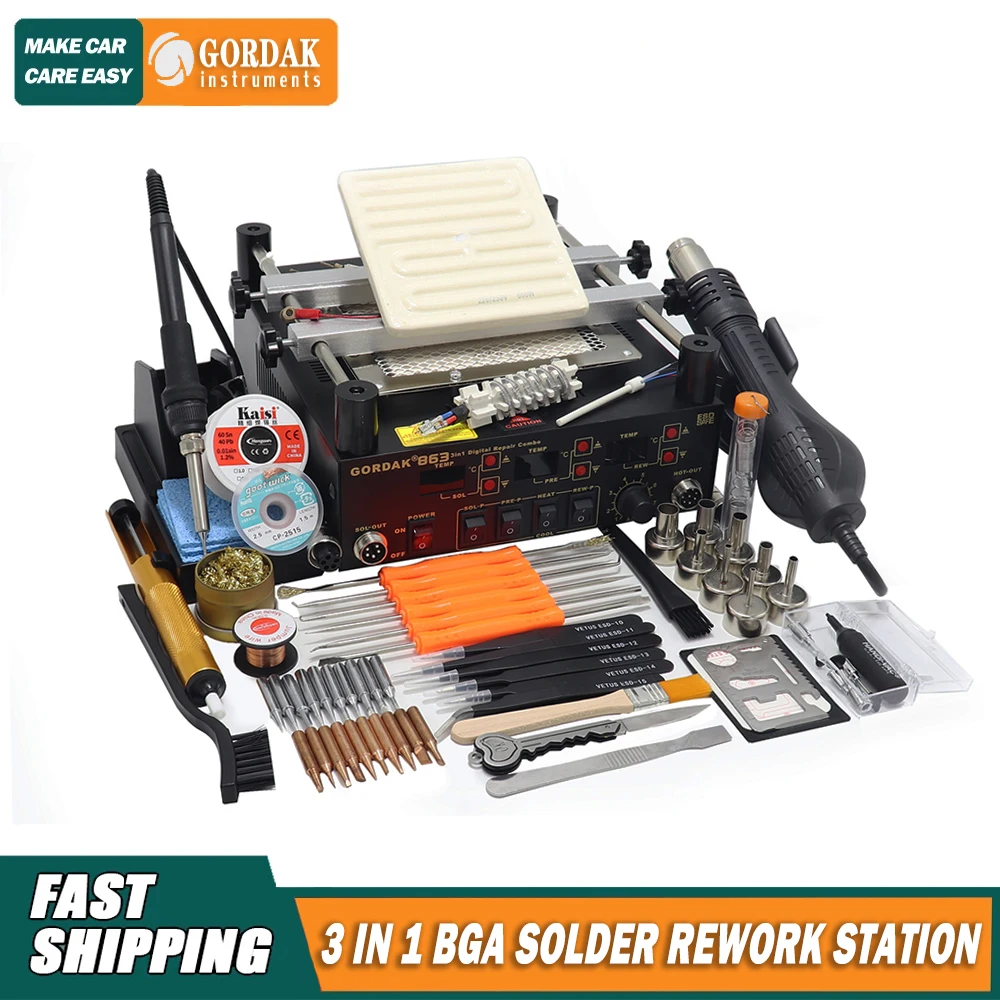 

Gordak 863 3 in 1 Digita Hot Air Heat Gun BGA Rework Solder Station Electric Soldering iron IR Infrared Preheating Station