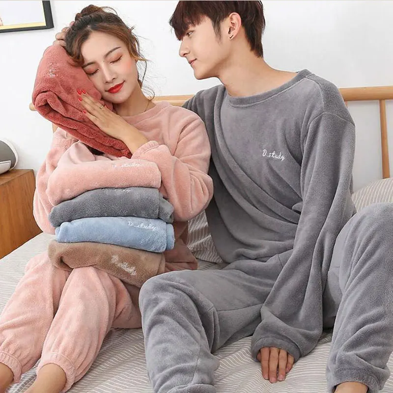 Flannel Women Pajamas Sets Warm Thick Coral Velvet Long Sleeve Cartoon Sleepwear 2022 Autumn Winter Home Wear Couples Nightwear