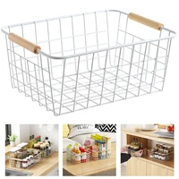 kitchen shelf wooden handle wire mesh storage basket bedroom wire storage basket sundries storage basket kitchen organizer