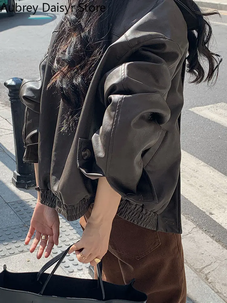 Korean Chic Black Leather Jacket Women Streetwear Vintage Solid Thin Single Breasted Coats Cropped Moto Biker Faux Leather Coat