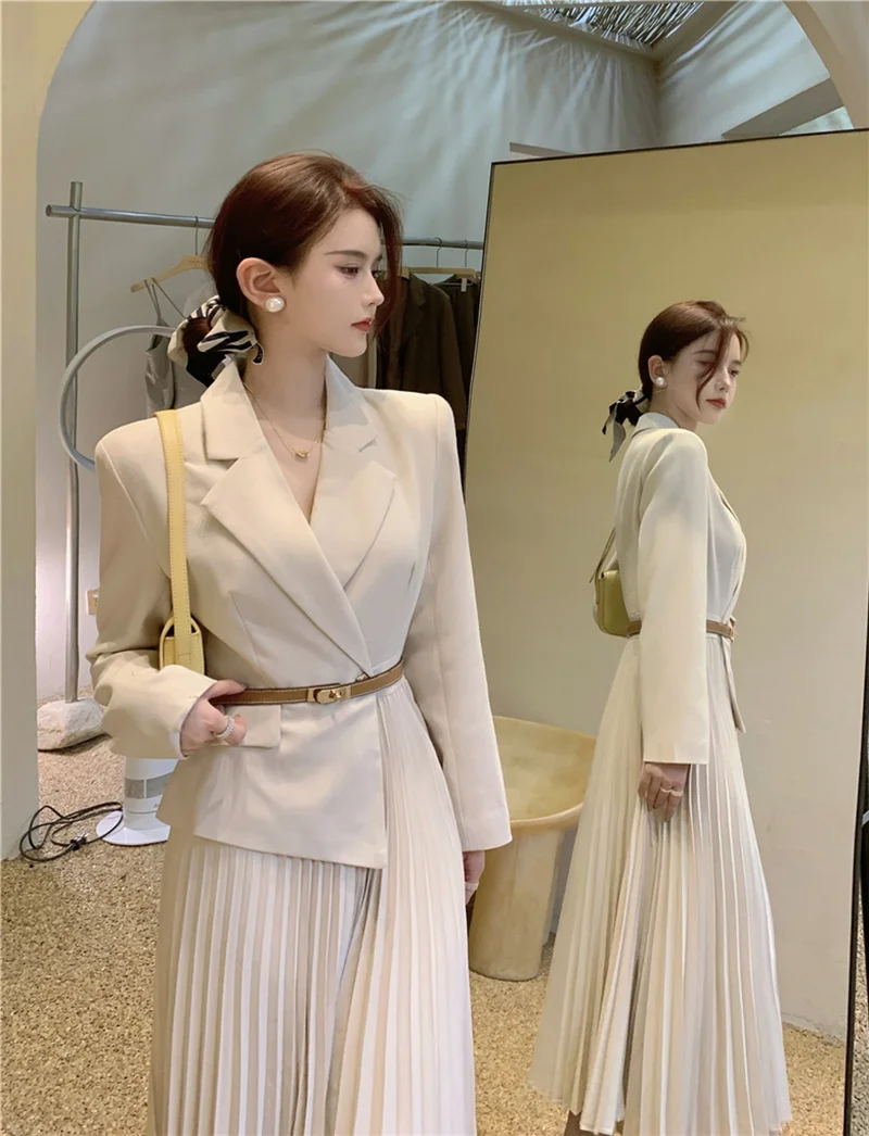 

Temperament Autumn Single Button Slim Apricot Long Sleeve Notched Pleated Dress Women Belt Vestidos Mujer Patchwork Korean