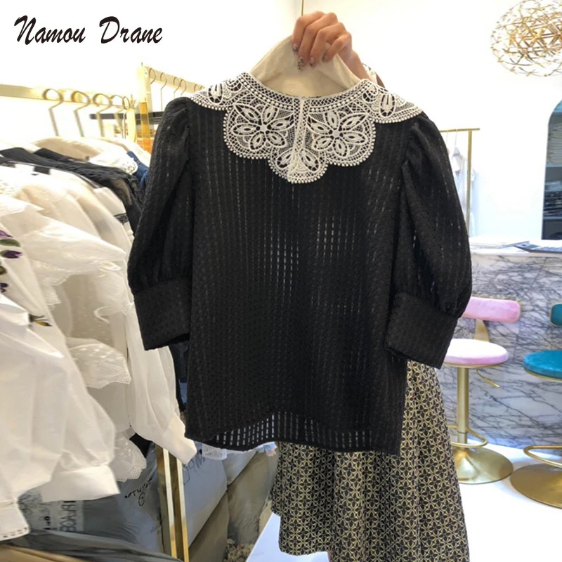 

Namou Drane Lace Patchwork Women Blouse 2022 New Puff Sleeve Shirt Tops Korean Sweet Elegant Blusas Mujer De Moda Verano
