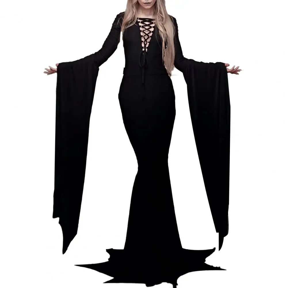 

Floor Dress Bride Costume Sexy V-neck Lace-up Floor Dress for Halloween Party Slim Fit Bell Sleeves Vintage Cosplay Style Slim