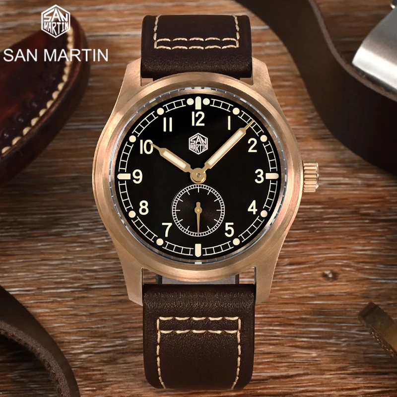 

San Martin Watch For Men Pilot Wrist Watches CUSN8 Bronze Quartz Watch RONDA 6004 Waterproof 10Bar Diving Watch Sapphire Crystal
