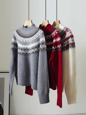 SuyaDream Женский зимний свитер из шерсти красный/серый