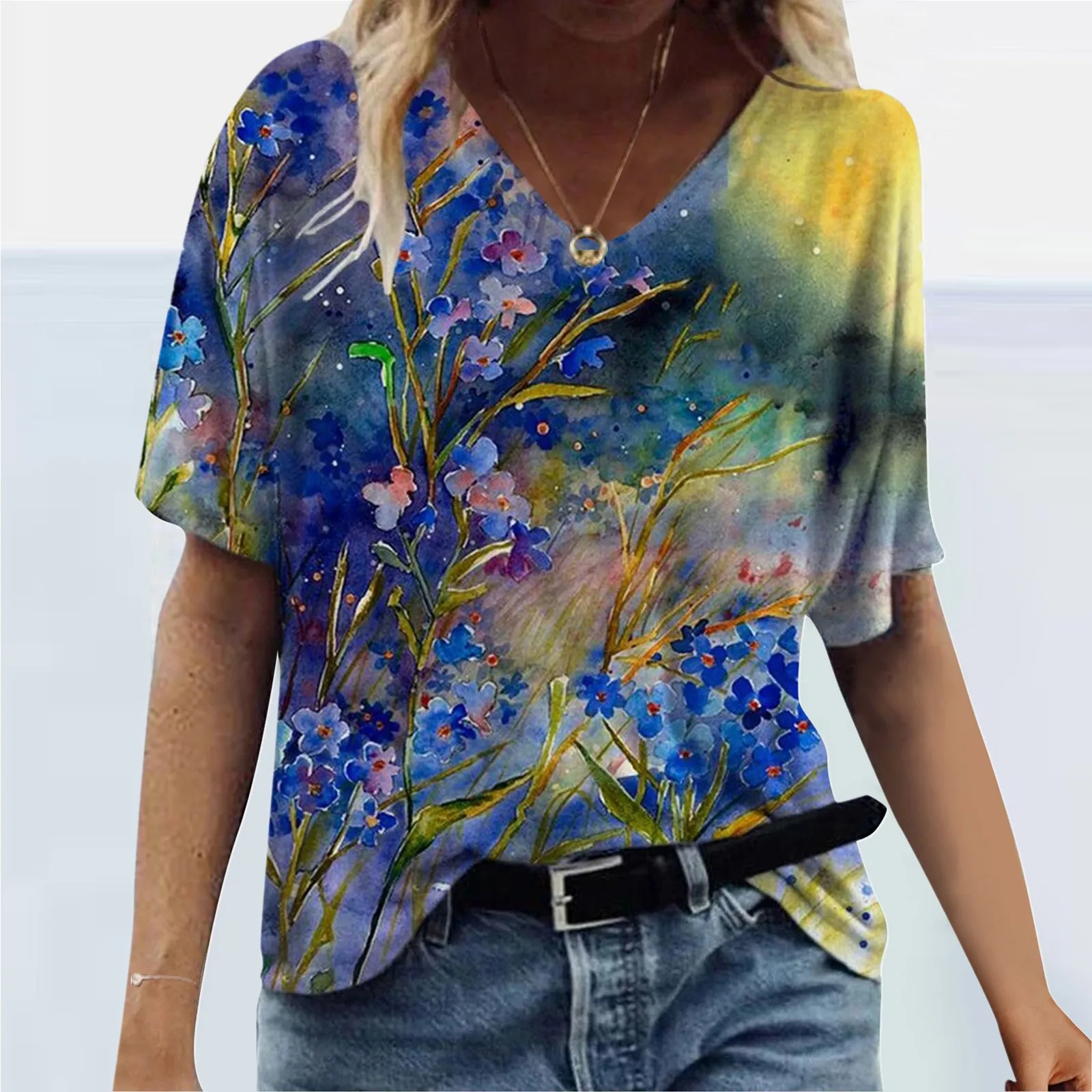 

Cute Summer Tops For Women Tops U Neck Print Short Sleeve T Shirt Exercise Wear for Women T Shirts Solid Colors Women