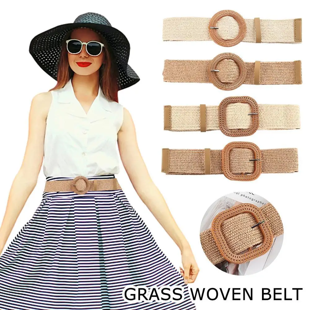 

New Women Straw Braided Belt Summer PP Straw Woven Belt Beach Style Elastic Wide Waistband Boho Dress Decorative Belt Vacation