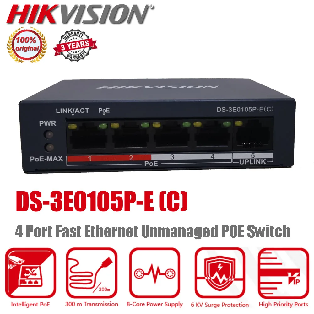 

Original Hikvision DS-3E0105P-E(C) 4 Port 300m Long Range 6KV Surge Protection Fast Ethernet Unmanaged POE Switch