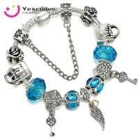 aquamarine crystal beads diy vintage silver plated beads women bracelet double heart feather bracelet cross border direct sales