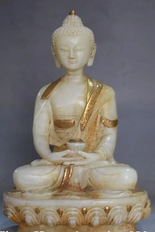 

8" China Natural Old Jade Gilt Pot Shakyamuni Sakyamuni Tathagata Buddha Statue