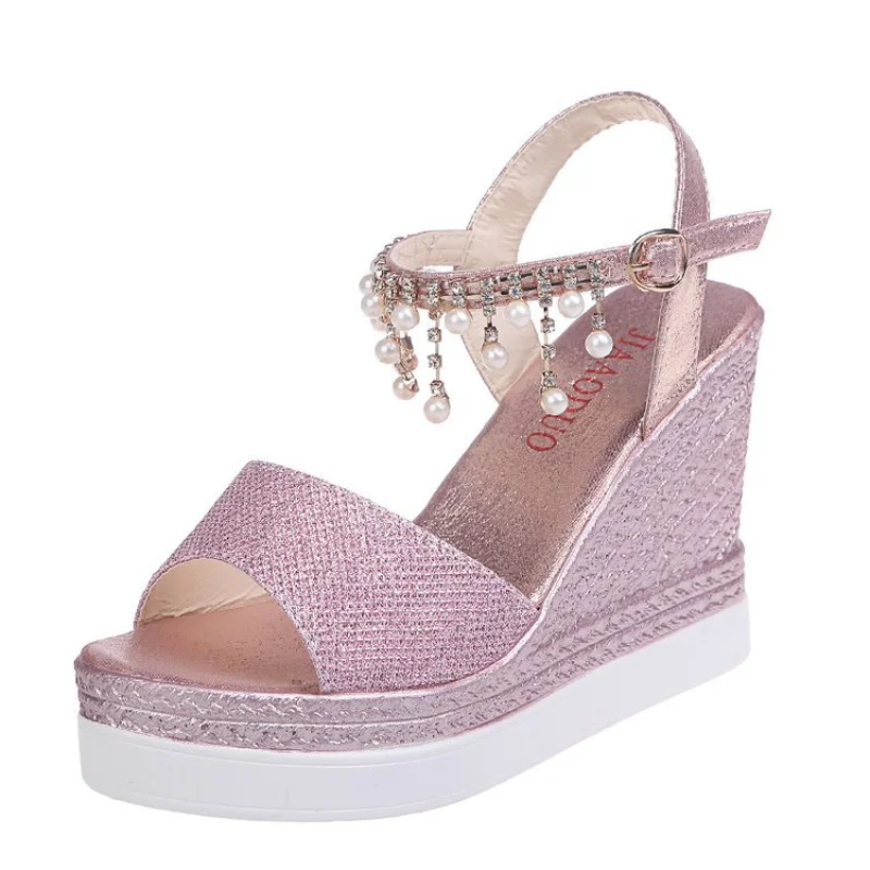 

New Women Wedge Sandals Summer Bead Studded Detail Platform Sandals Buckle Strap Peep Toe Thick Bottom Casual Shoes Ladies