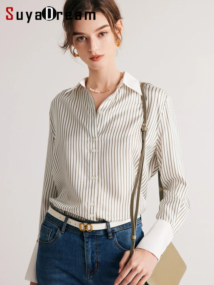 SuyaDream Women Striped Shirts 100%Mulberry Silk Single Breasted Chic Blouses 2023 Spring Summer Silk Top White