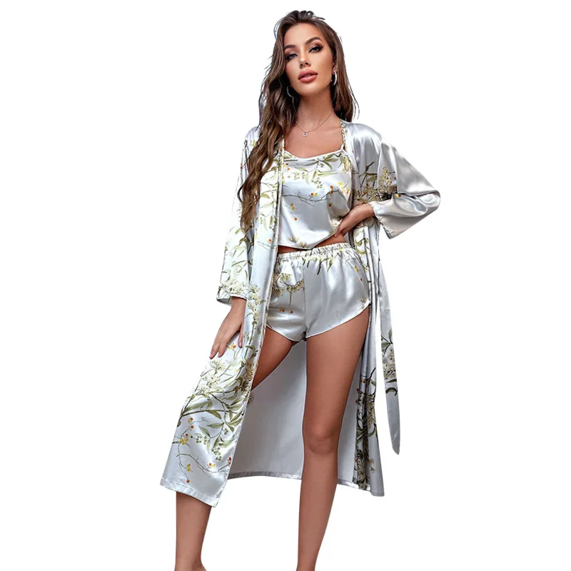 Elegant Pyjamas Set Three-Pieces Pjs For Women Summer Autumn Nightwear Flower Print Sleepwear For Women Homewear Silk Pajamas