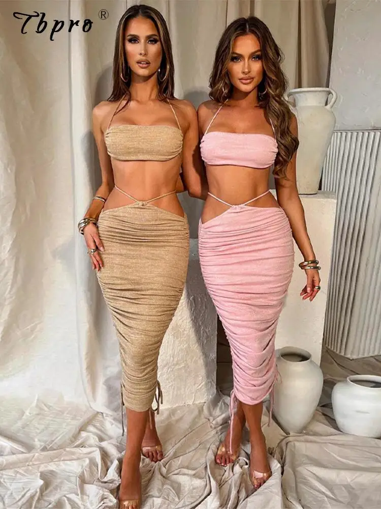 

Woman Sleeveless Halter Tube Top Skirt Suit Female Lace Up Vacation Beach Dresses Lady Sexy Backless Bra And Bodycon Skirt Set