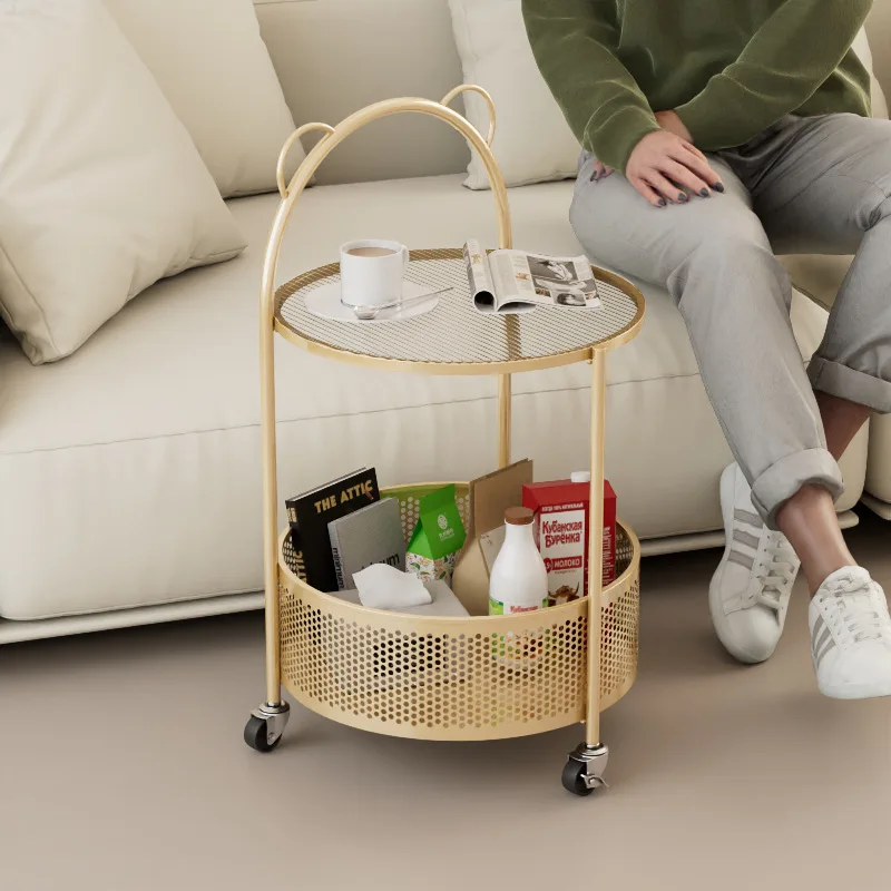 

Household Living Room Snack Rack Movable with Roller High-Profile Figure Double Layer Small round Table Side Table
