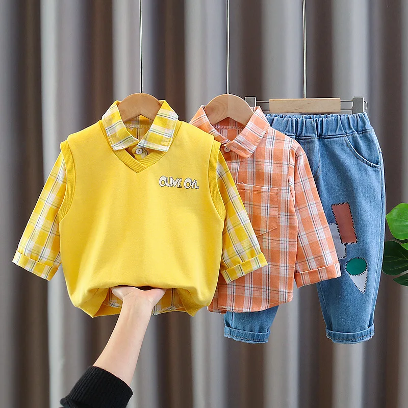 

2022 Spring Autumn Children Boys 3PCS Clothing Set knitted Jacket Vest Paid Shirts Jeans Pants Baby Boys Clothes Sports Suit