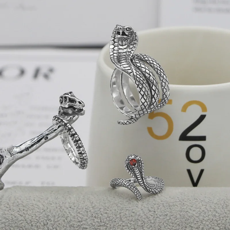 

Real 925 Sterling Silver Personality Cobra Snake Ring Fashion Men's and Women's Rings Creative Dinosaur Bone Open Ring Jewelry