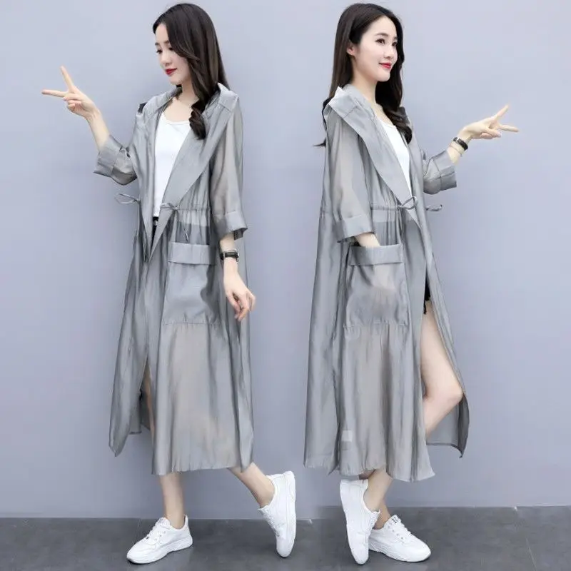 

Fashion Grey Cardigans Women's Summer Blouses Casual Long Kimono Cape Female Lapel Tunic Chemise Loose Versatile Trench Coat