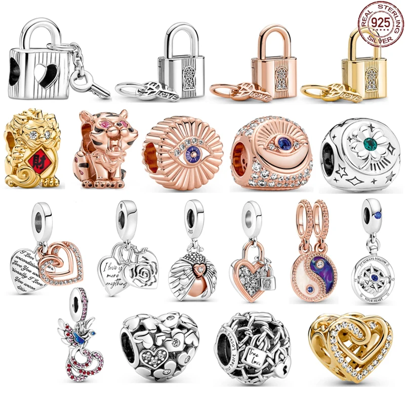 

925 Sterling Silver 2022 Valentine's Day Tiger Beads Heart Charm Beads fit Original Pandora Bracelet Making DIY Women's Jewelry