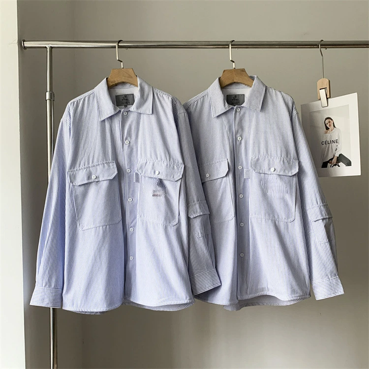 

Cakh @ rtt 2023 весна/осень Новый Cityboy хлопок полосатый рабочая одежда с длинным рукавом Свободная парная рубашка мужские рубашки