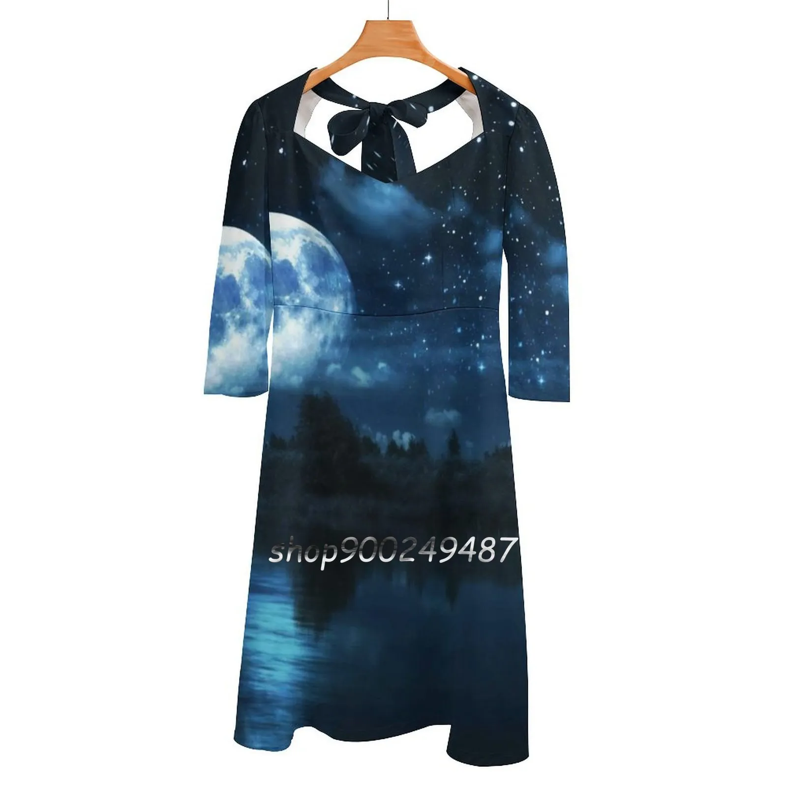 

Платье-колокол женское с квадратным вырезом, модное элегантное модное расклешенное платье с принтом насыщенной Луны, воды, Луны, ночи, приро...