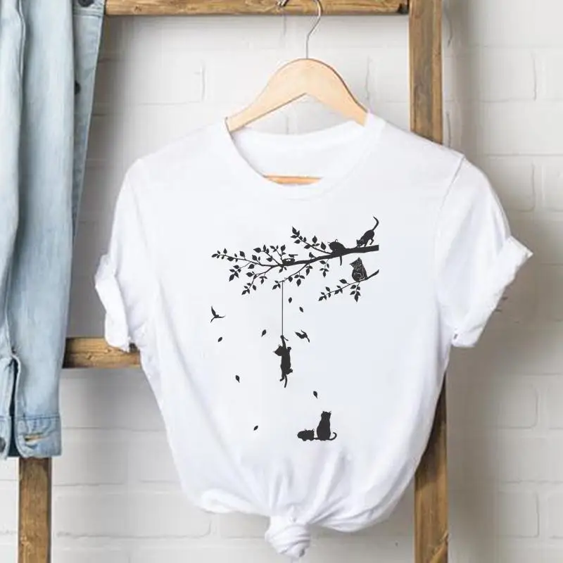 

Женская футболка с коротким рукавом и принтом в виде кошки, в стиле 90-х, Повседневная модная футболка, топ, летняя одежда, футболки с графичес...