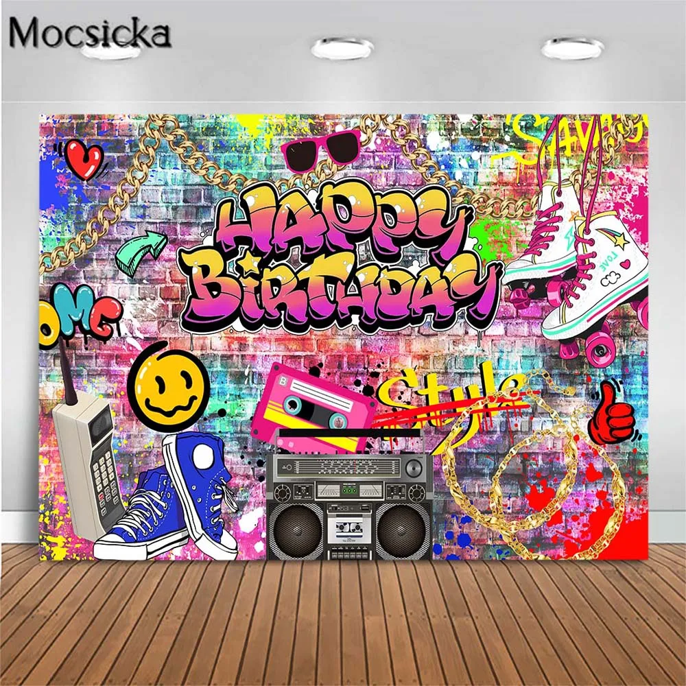 Mocsicka-Fondo de pared de ladrillo con grafiti de arte callejero, telón de fondo de cumpleaños Vintage de los años 80 y 90, decoración de fiesta de Hip Hop, sesión de fotos de estudio