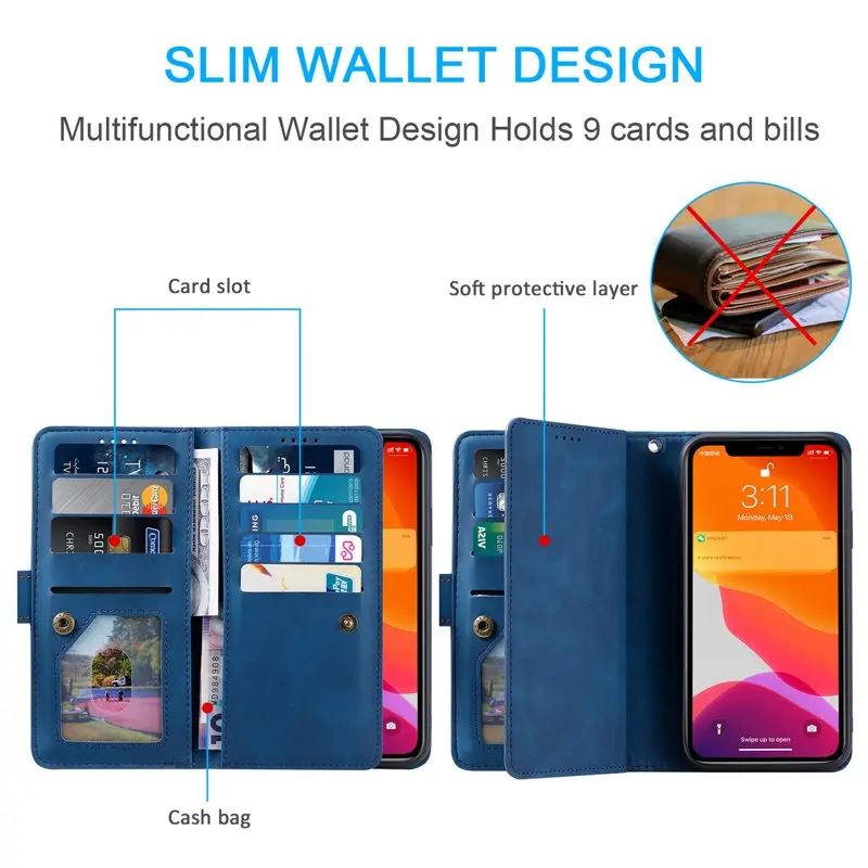 9 Card Slots Wallet Case   12 Pro Max 6.7-inch,Hybrid Magnetic PU  Zipper Kicstand Shockproof Rubber Full Protector Cover with S