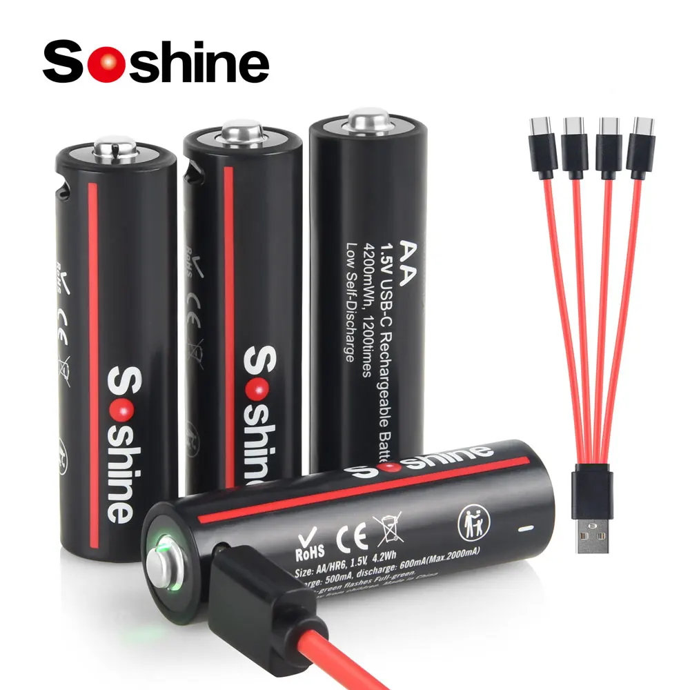 Фото Soshine 1,5 В 4200 МВтч AA аккумуляторная батарея высшего емкости USB Type-C Aa литий-ионная батарея для умного дверного замка с дистанционным управлением №1