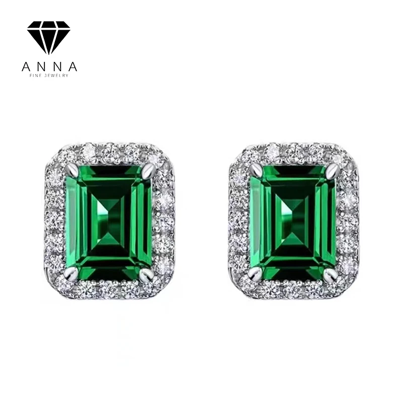 

Emerald Rectangle 925 Sterling Silver 4 Prongs Turquoise Ear Stud For Women Classic Vintage Luxury Fine Jewelry Banquet Gifts