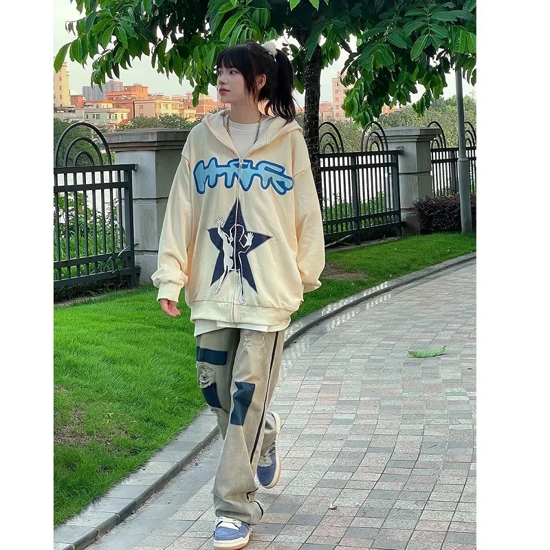 

High Street Funny Cartoon Zip Up Hoodie Harajuku Streetwear Fashion Hoodies Autumn Oversized Hooded Jackets sweatshirt vintage