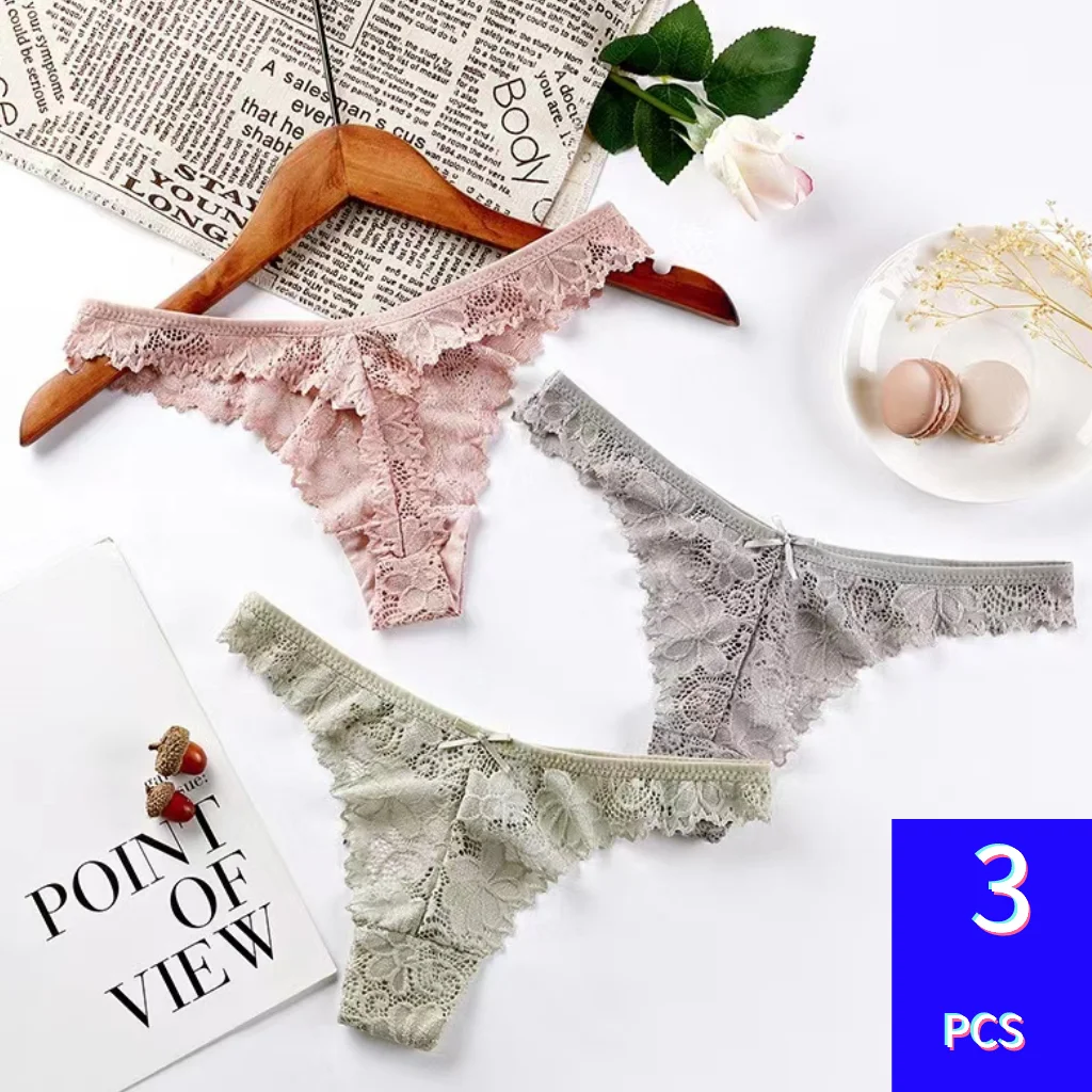 

3PC/Panties Sets Women's Sexy Thong Floral Lace Hollow Out Female Underwear G-Strings Thongs Lingerie Set трусы женские tanga