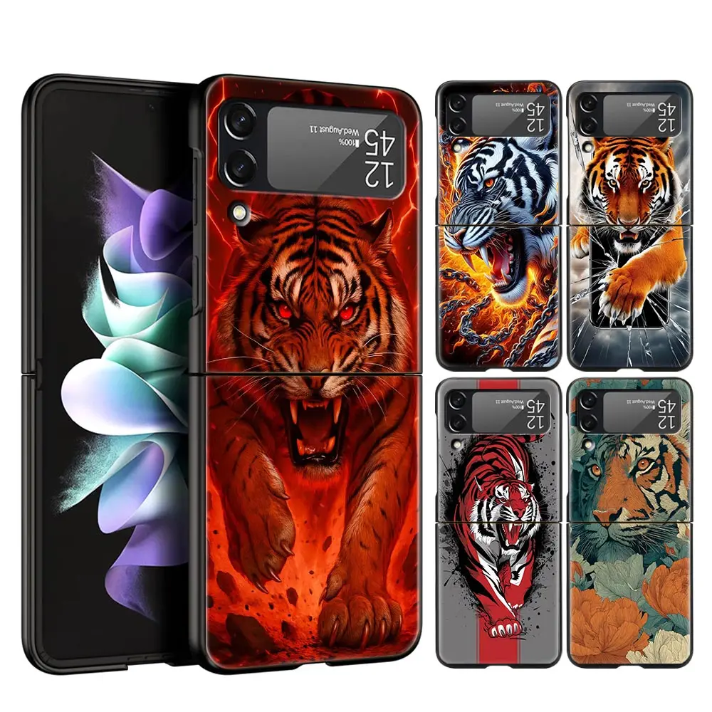 Фото Жесткий чехол для телефона из поликарбоната для Samsung Galaxy Z Flip 7 6 5 4, черный чехол для Galaxy Z Flip 3, складной противоударный чехол с рисунком тигра №1