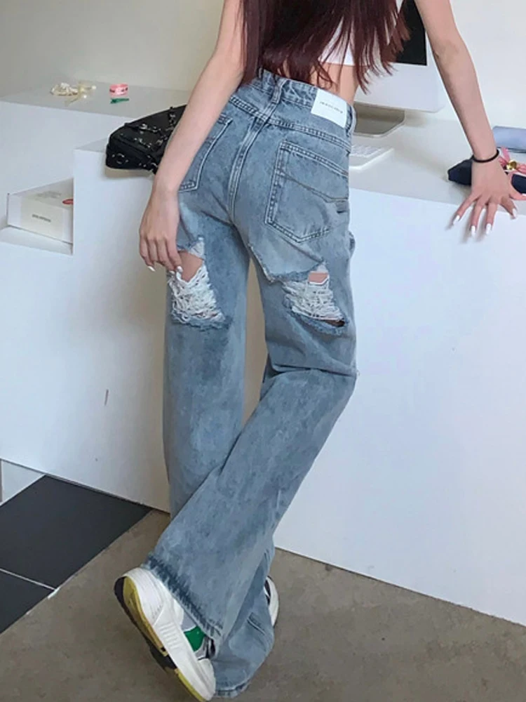 2023 Spring Clothes Summer Set Wide Leg Pants Women's High Waist Sexy Loose Jean Y2k Streetwear Women Ripped Blue Straight Jeans