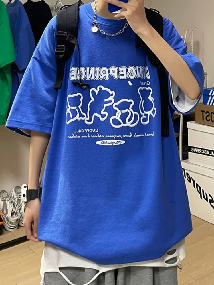 

Футболка SYUHGFA мужская с мультяшным медведем, топ с коротким рукавом в Корейском стиле, оверсайз, с круглым вырезом, брендовая рубашка в стиле...