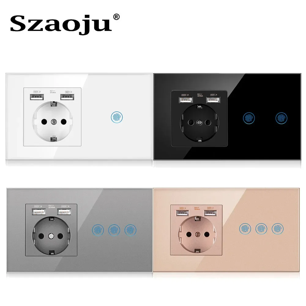 

NEW EU Touch Wall Lamp USB Socket With USB LED Switches 1/2/3 Gang 1Way Crystal Panel Dark Blue Backlight