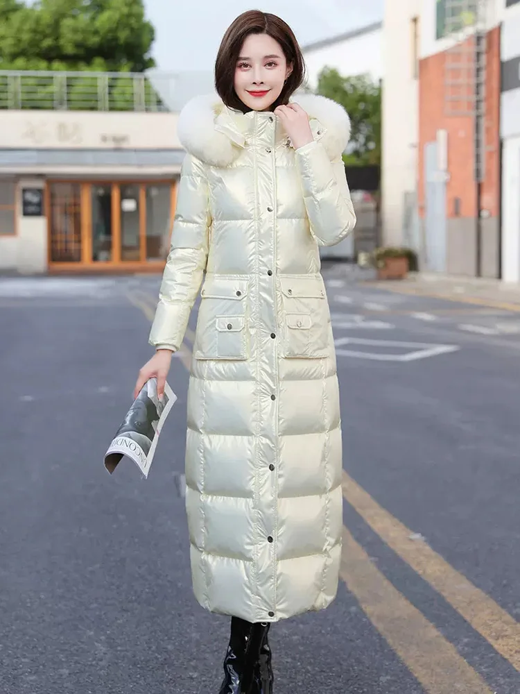 New Women Wash Free Glossy Surface Down Coat Ankle-Length Fashion Detachable Real Fox Fur Collar Thicken Warm Long Down Jacket