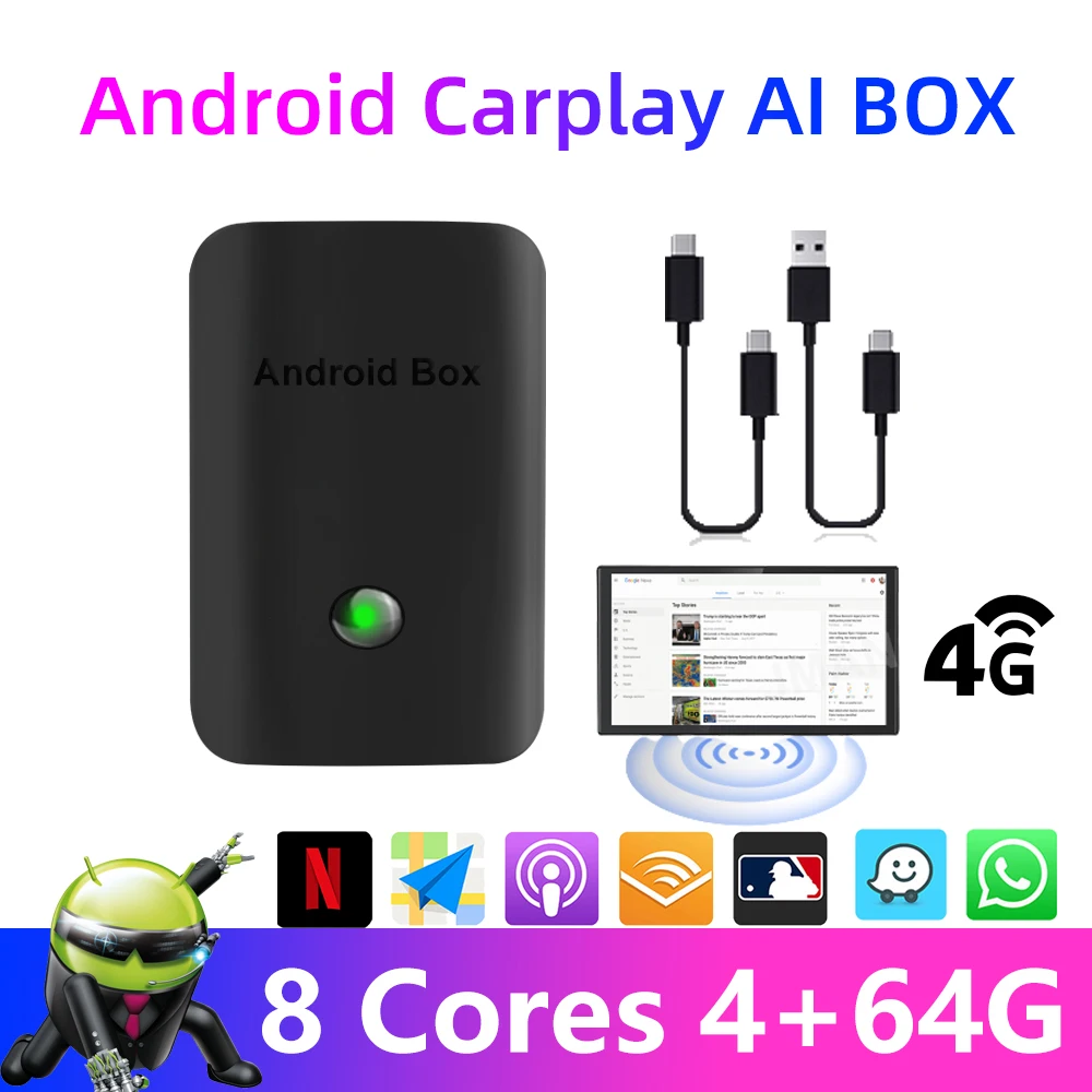 

PEERCE CarPlay Ai Box Mini Android Box 4G+64G Wireless Android Auto Dongle 4GLTE Youtube Smart Android TV Ai Box for OEM CarPlay