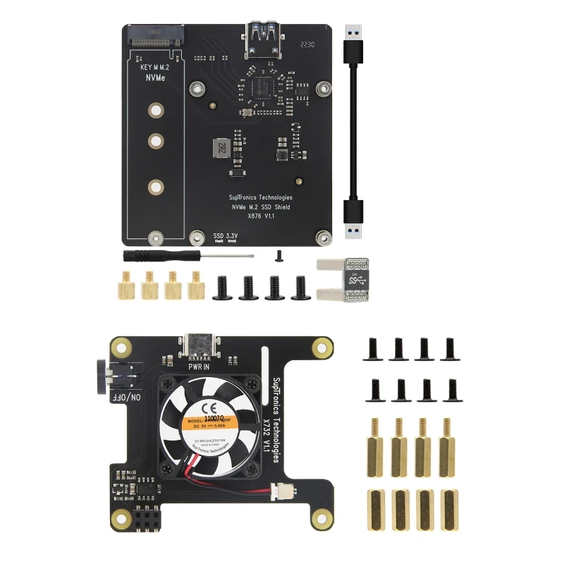 X876 V1.1 NVME for M.2SSD Shield + X732 Power Management & Cooling Expansion Board for Raspberry Pi 4 Model B